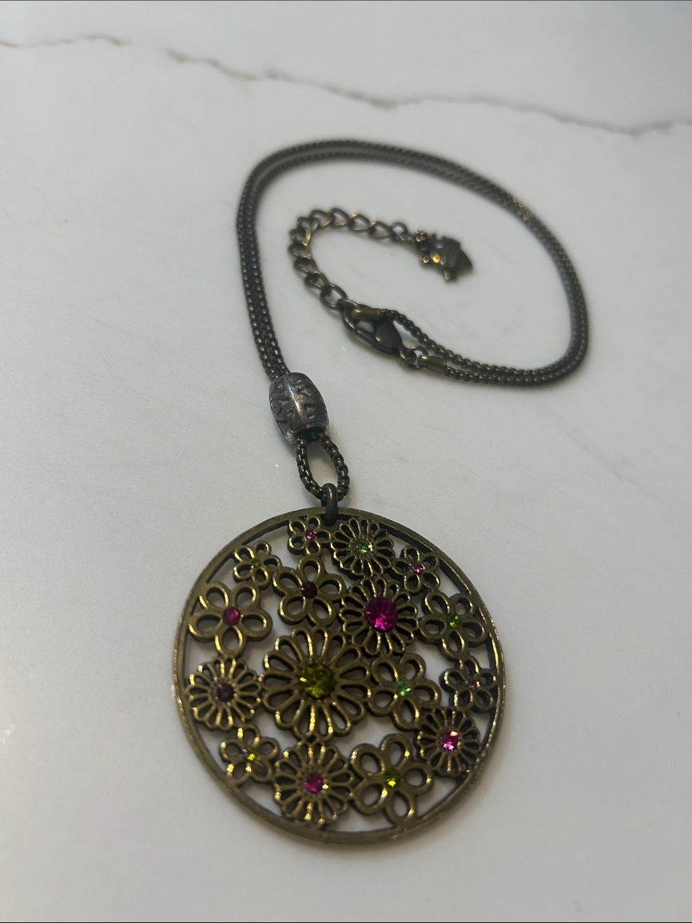 Rosebud Bronze Floral Disc Necklace with Pink & Green Stones